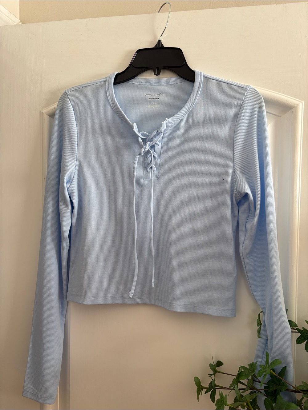 American Eagle Outfitters Light Blue Lace-Up Ribbed Long Sleeve Top